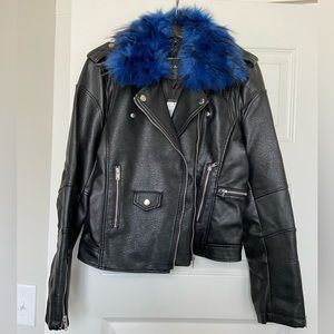 Black Faux Leather Moto Biker Jacket with Detachable Faux Fur Collar NWT
